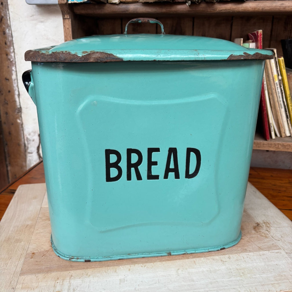 Vintage Enamel Sage Green Bread Bin - Farmhouse - Cottage - Rustic - Embossed