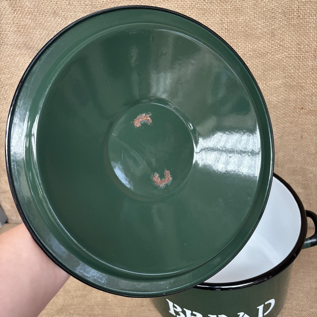 Vintage Polish Green & White Enamel Round Bread Bin with Handles Kitchenalia