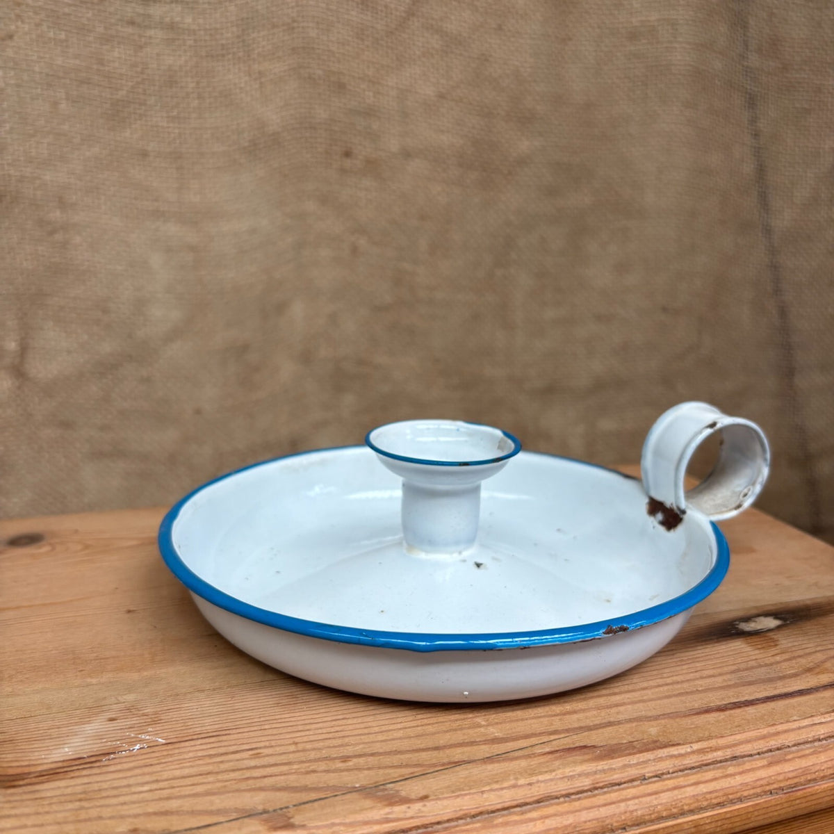 Vintage Enamel Candle Stick Holder - Blue and White - Farmhouse - Cottage