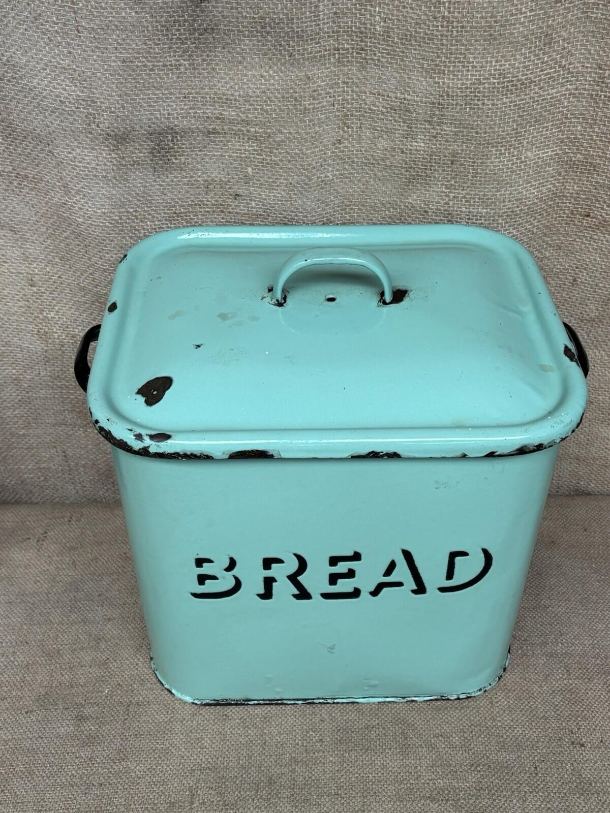 Vintage Enamel Sage Green Bread Bin - Farmhouse - Cottage - Rustic - Embossed