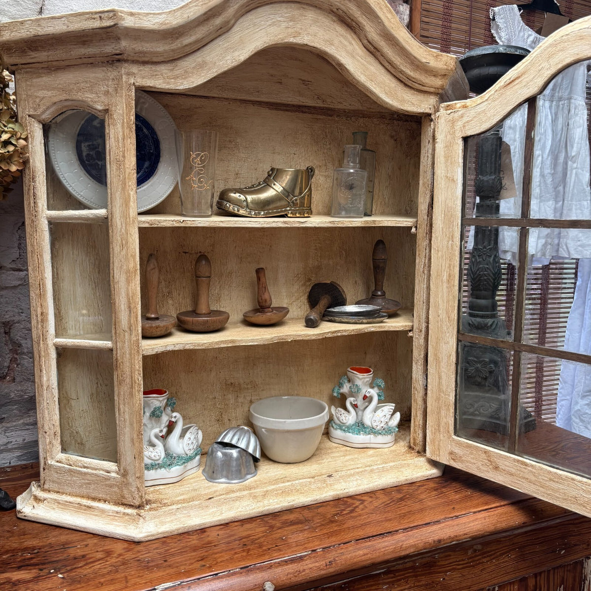 Painted Wooden Wall Display Cabinet Glazed Curio Cupboard Vintage