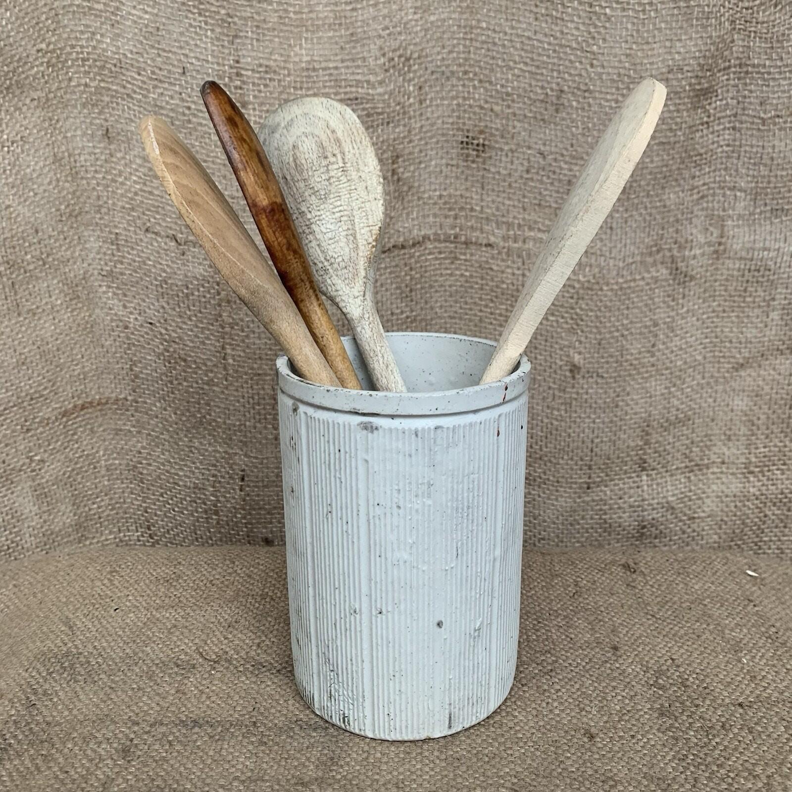 Stoneware Jar - Off White - Ribbed - Antique - Utensil Holder - Large