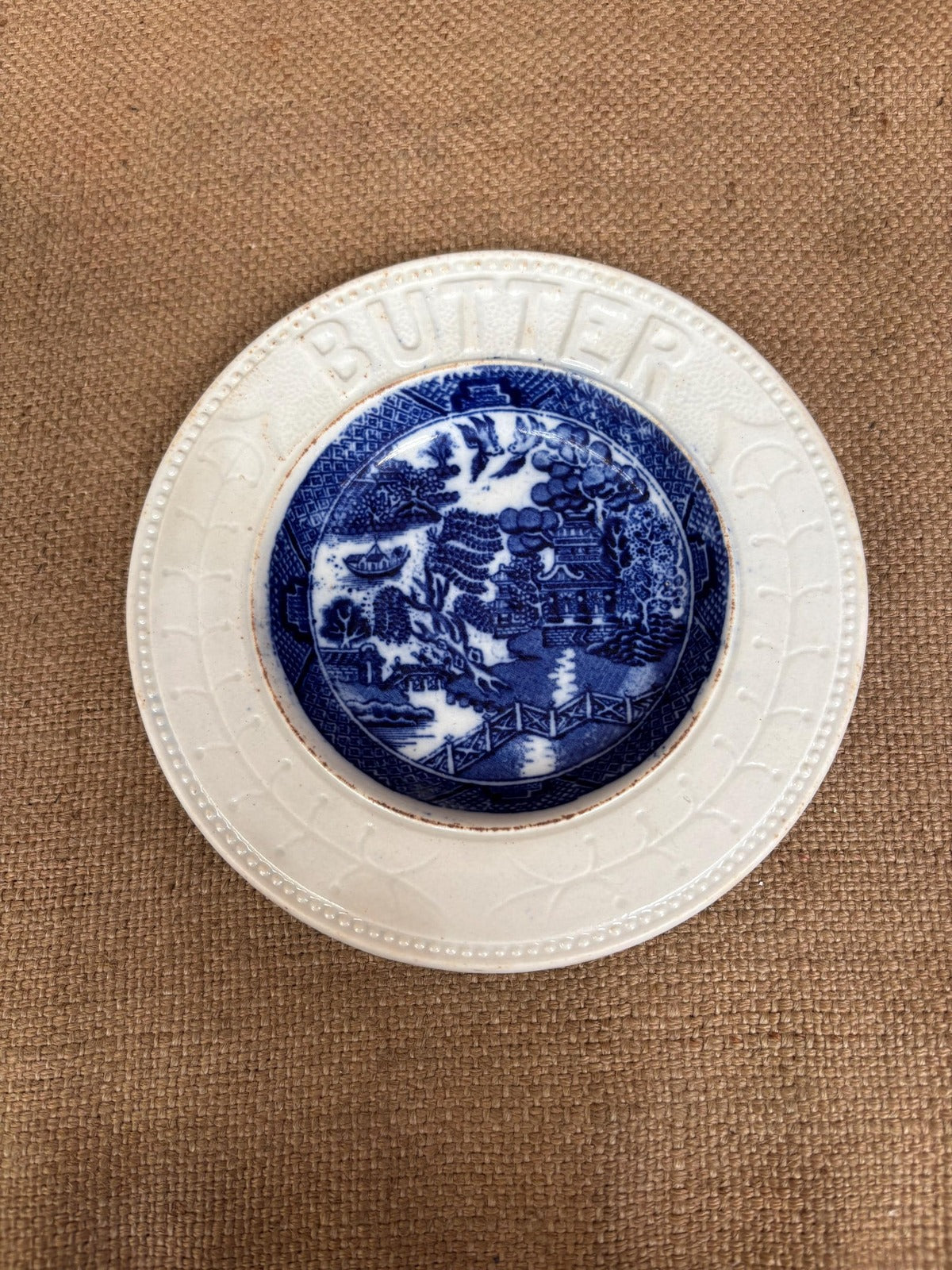 Antique Butter Plate - Ceramic - Willow Pattern - Blue and White - Kitchenalia