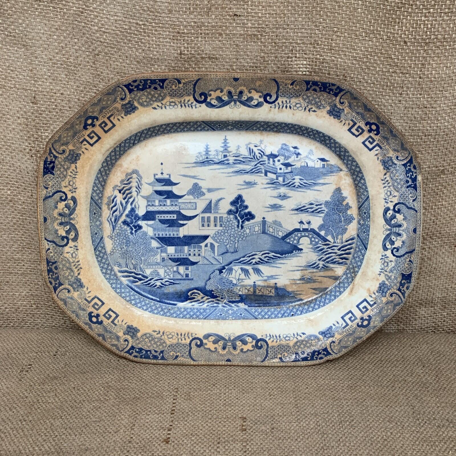 Antique Willow Pattern Stained Ironstone Plater / Farmhouse / Miles Mason