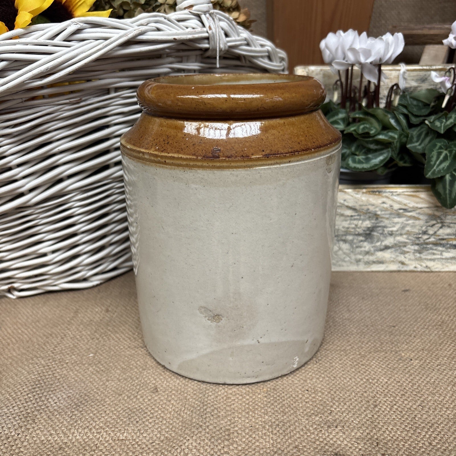 Vintage Stoneware Jar / Utensil Holder /  Two Tone Farmhouse Kitchen