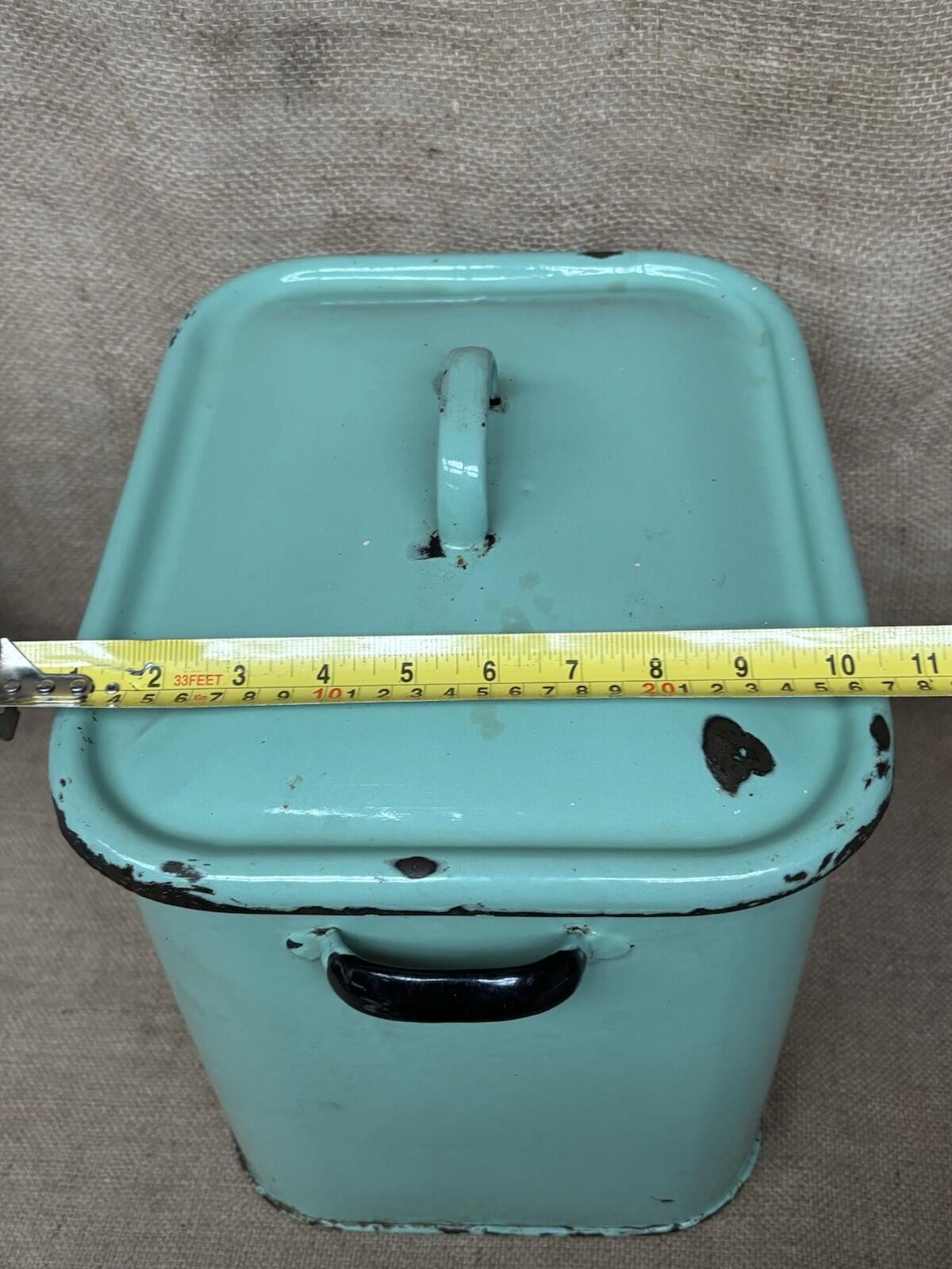 Vintage Enamel Sage Green Bread Bin - Farmhouse - Cottage - Rustic - Embossed