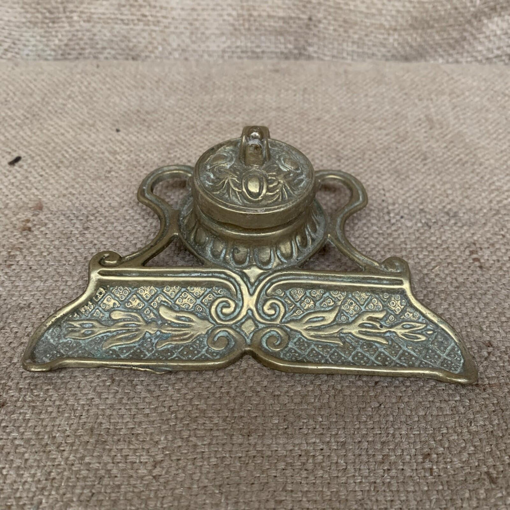 Art Nouveau Cast Brass Inkwell Pen Tray Vintage