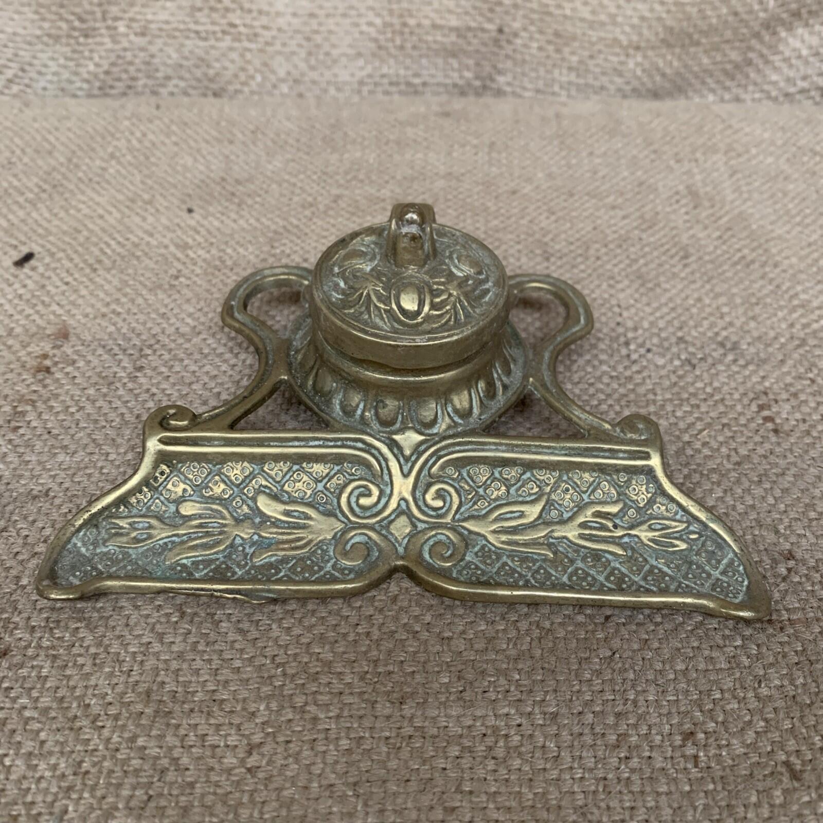 Art Nouveau Cast Brass Inkwell Pen Tray Vintage