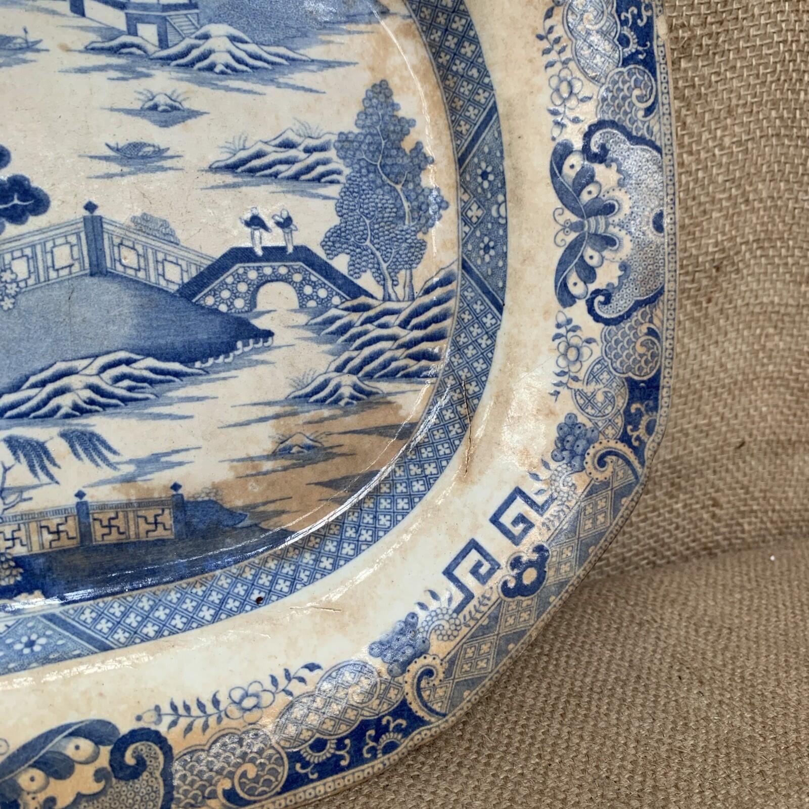 Antique Willow Pattern Stained Ironstone Plater / Farmhouse / Miles Mason