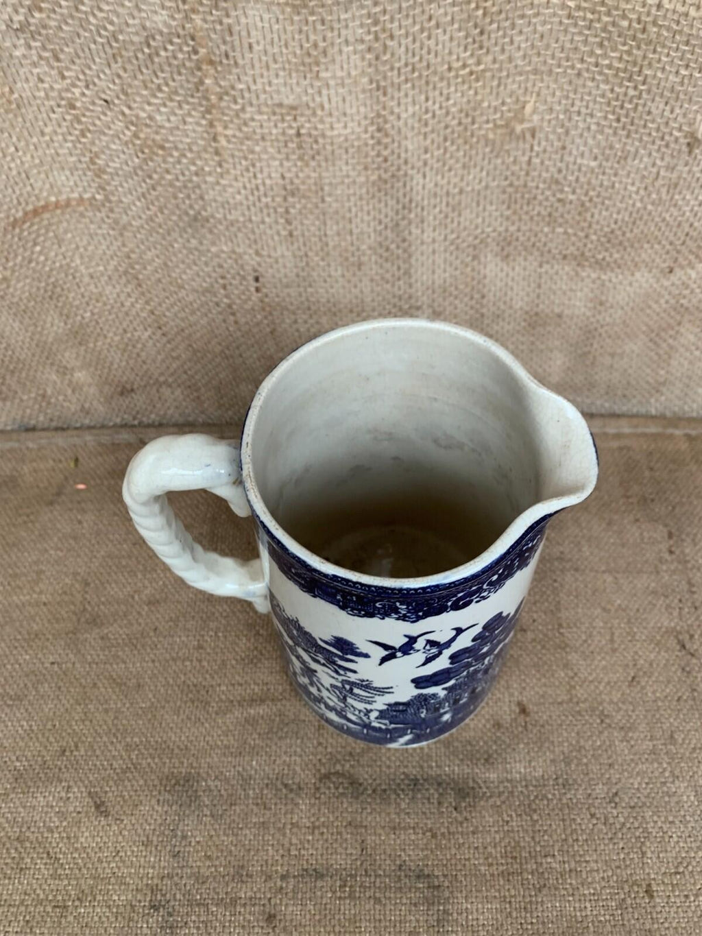 Blue & White Willow Pattern Jug with Twisted Handle