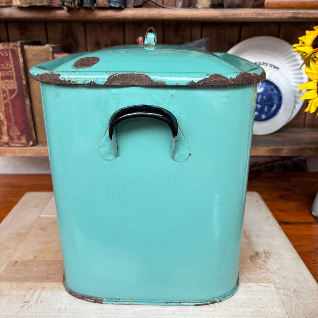 Vintage Enamel Sage Green Bread Bin - Farmhouse - Cottage - Rustic - Embossed
