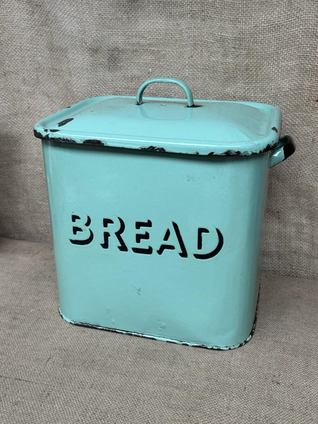 Vintage Enamel Sage Green Bread Bin - Farmhouse - Cottage - Rustic - Embossed