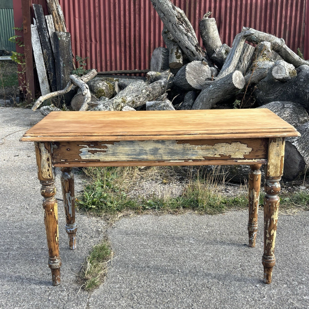 Antique Hallway Table With Worn Paint And Waxed Finish