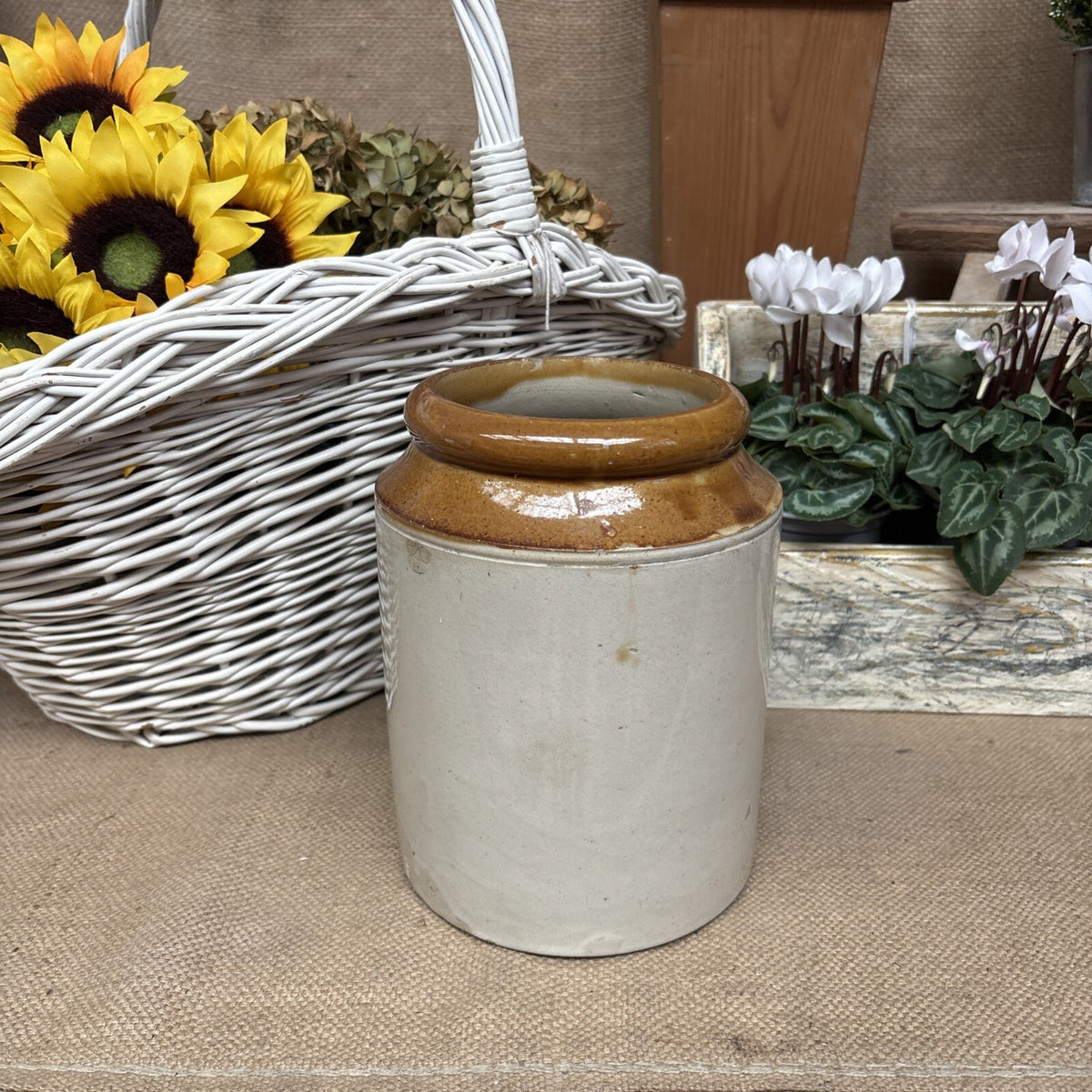 Vintage Stoneware Jar / Utensil Holder /  Two Tone Farmhouse Kitchen