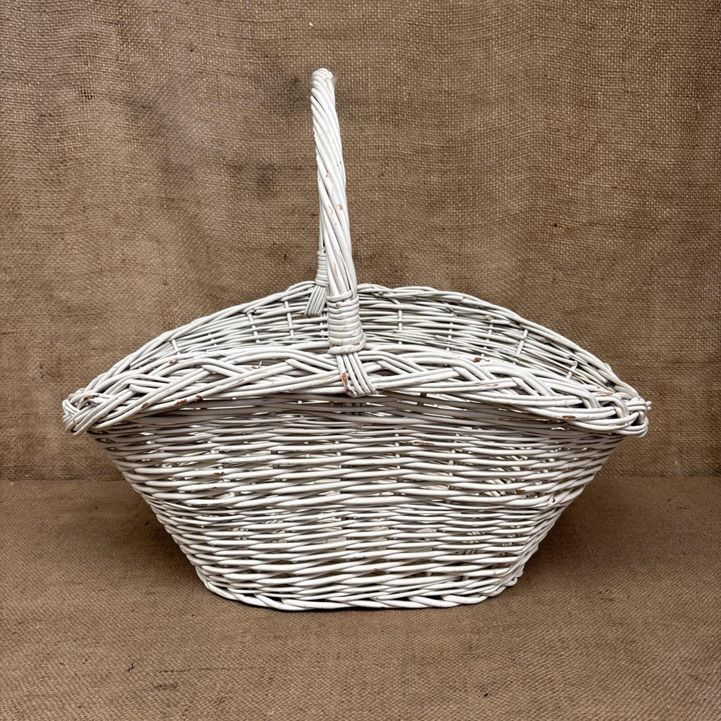 Vintage Wicker Flower Basket - Farmhouse - Cottage - Chippy White - Large