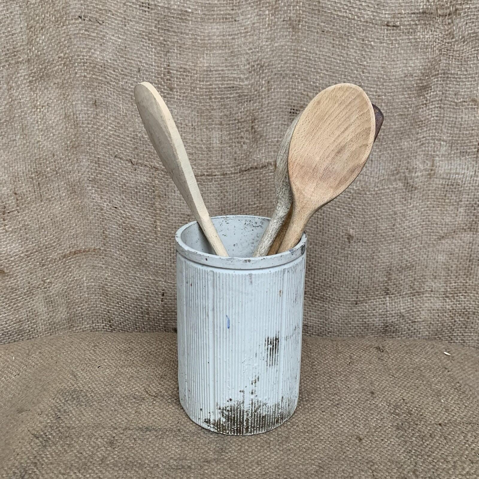Stoneware Jar - Off White - Ribbed - Antique - Utensil Holder - Large
