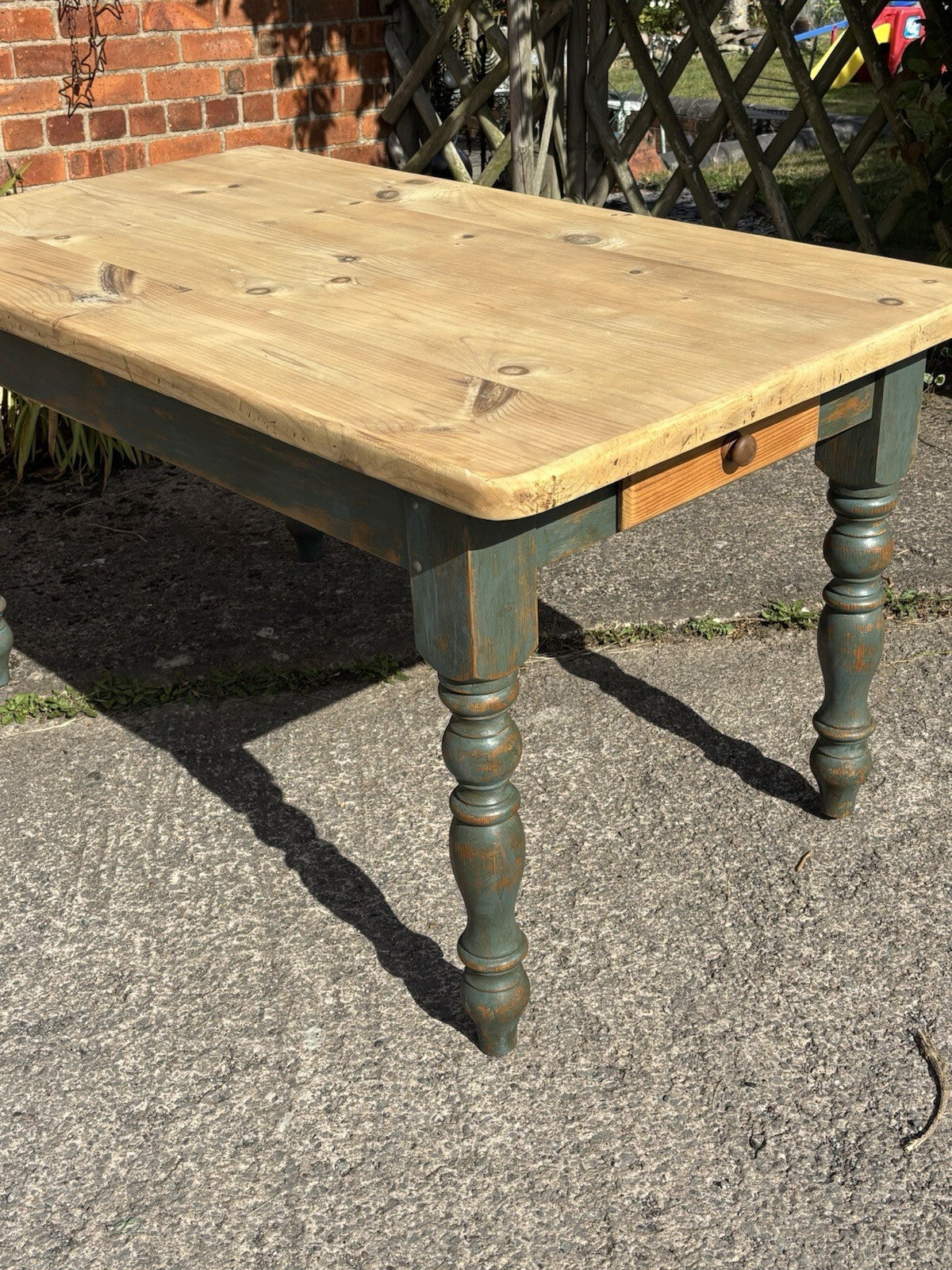 Pine Kitchen Table With Worn Painted Legs - Farmhouse - Cottage