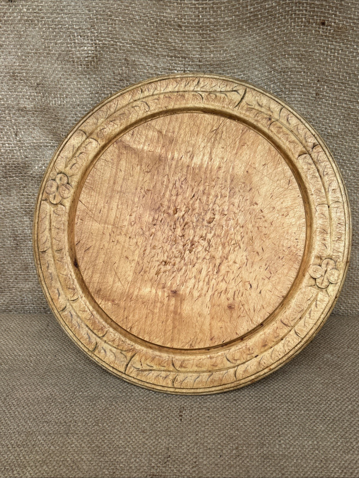 Antique Carved Round Bread Board - English Kitchenalia - Farmhouse