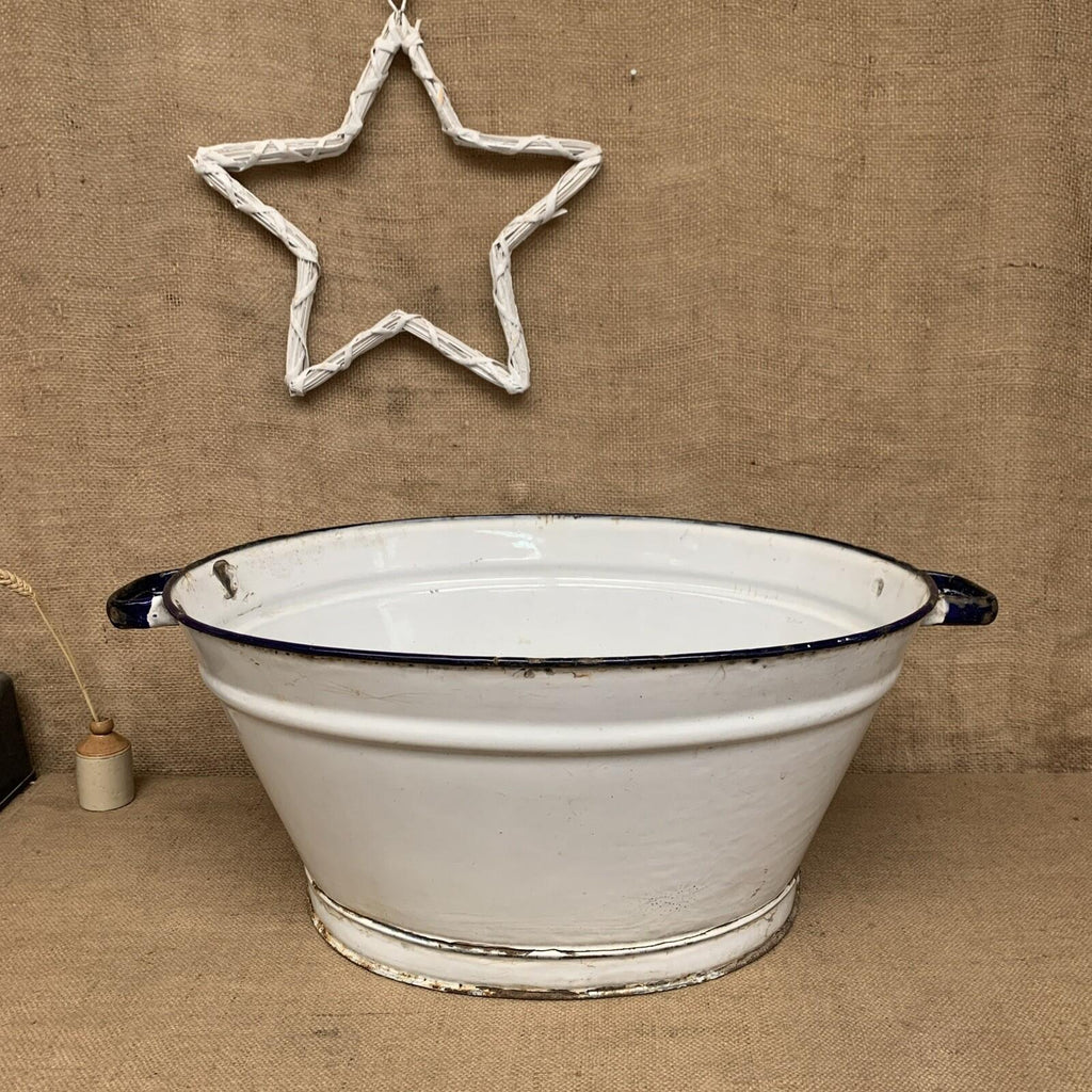 Vintage White Enamel Large Bath Planter With Handles - Farmhouse Cottage