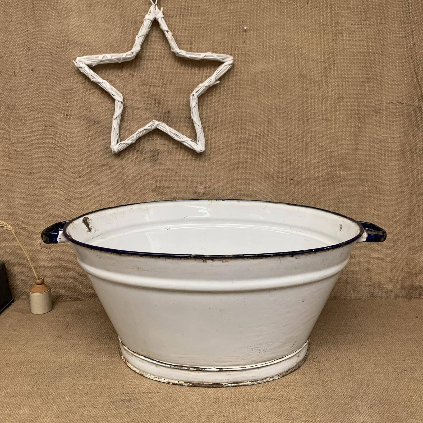 Vintage White Enamel Large Bath Planter With Handles - Farmhouse Cottage