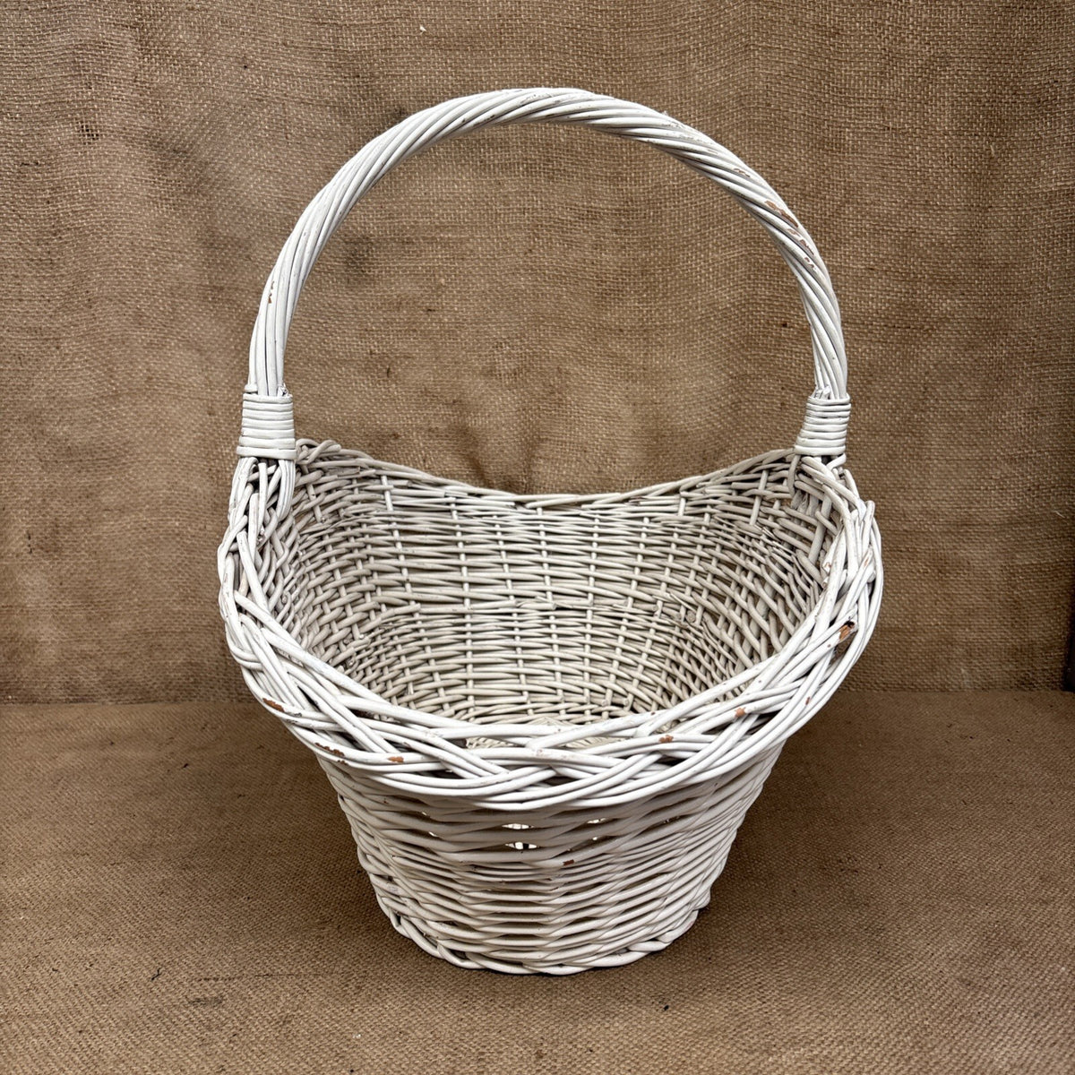 Vintage Wicker Flower Basket - Farmhouse - Cottage - Chippy White - Large