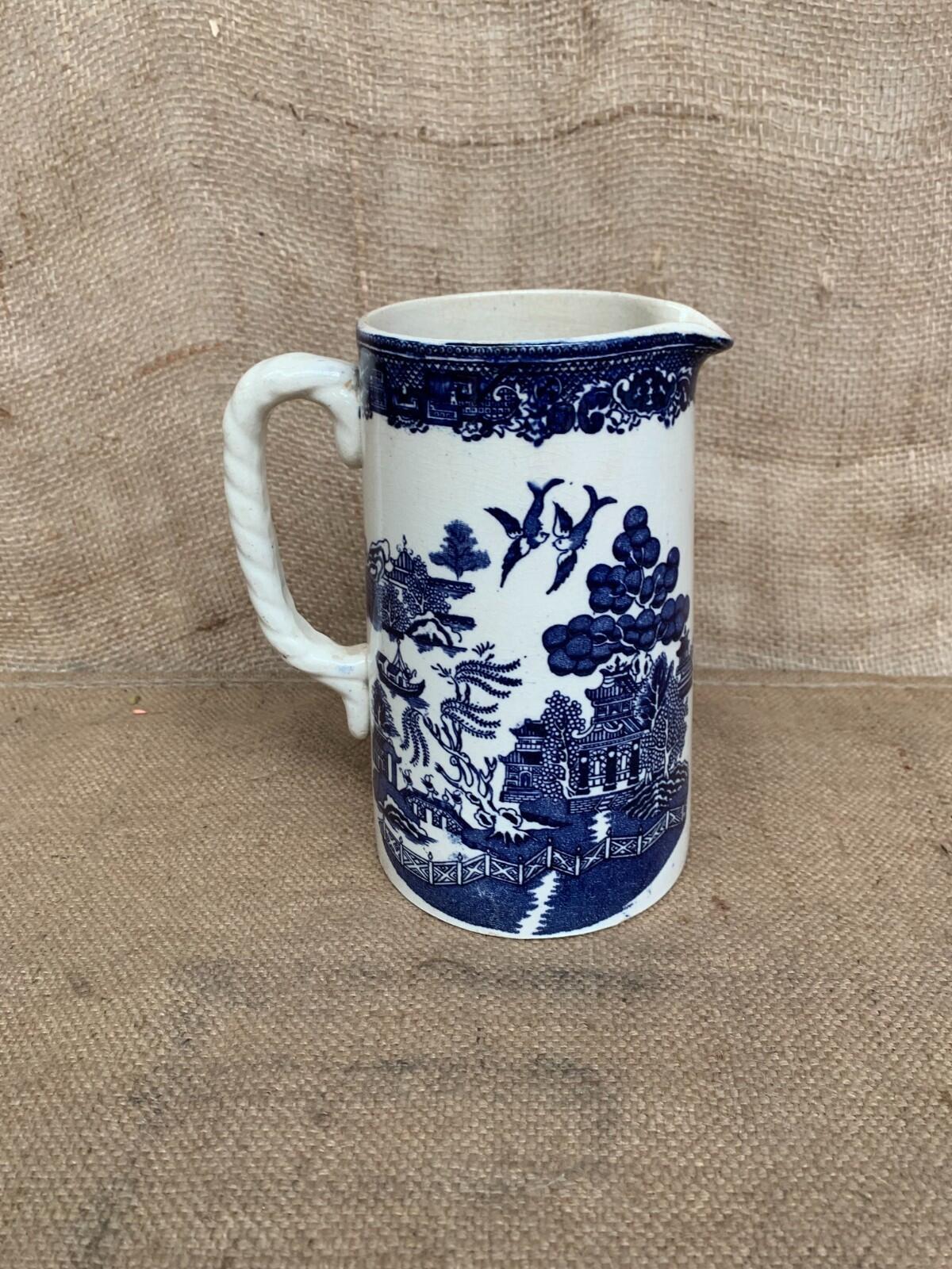 Blue & White Willow Pattern Jug with Twisted Handle