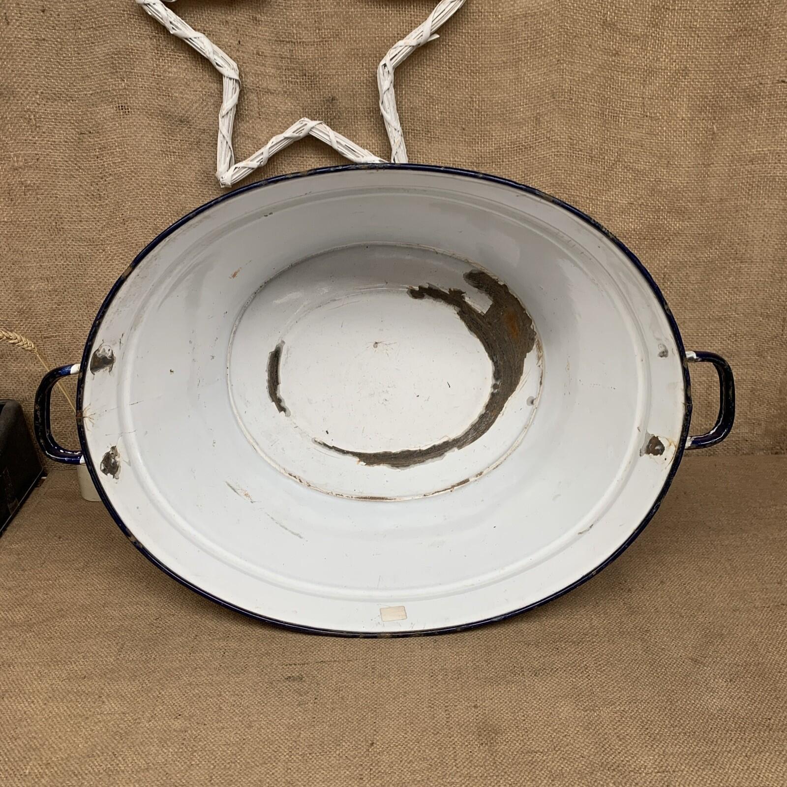 Vintage White Enamel Large Bath Planter With Handles - Farmhouse Cottage
