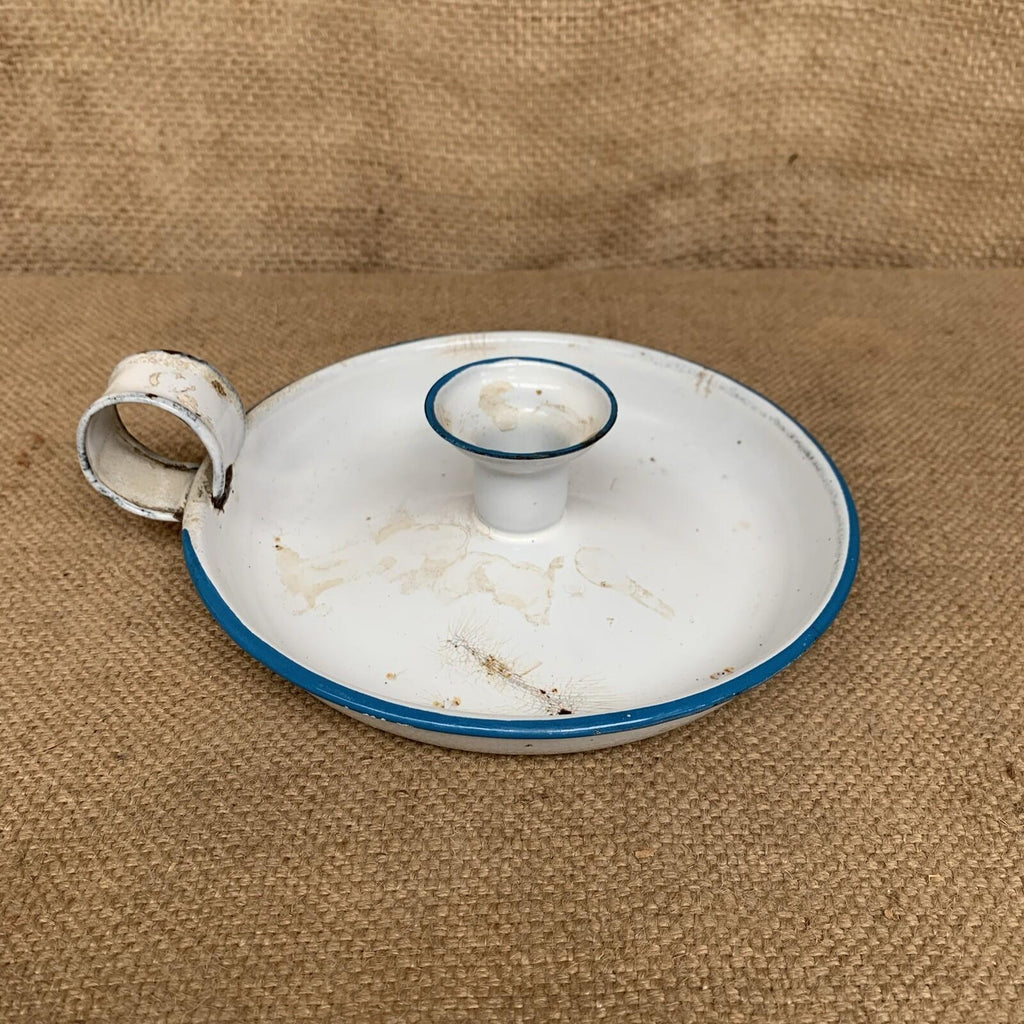 Rustic Candle Stick Holder Enamel White & Blue  / Farmhouse / Cottage