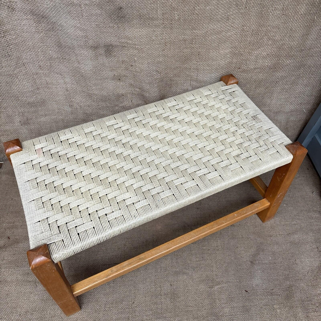 Vintage Wooden Long Stool - Woven Wicker Rope Seat Footstool FootRest 58x28x30cm