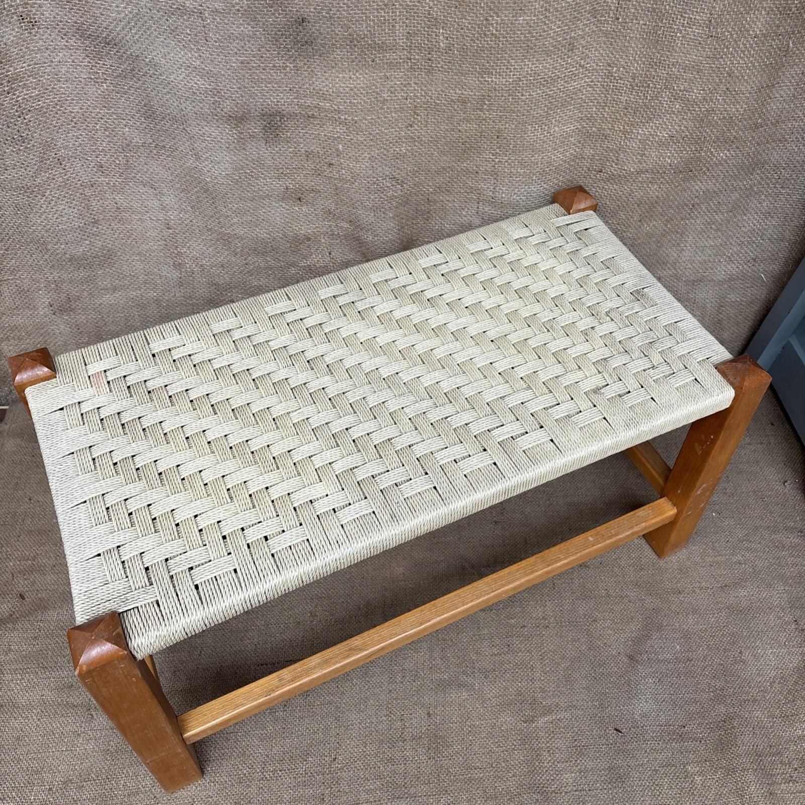 Vintage Wooden Long Stool - Woven Wicker Rope Seat Footstool FootRest 58x28x30cm