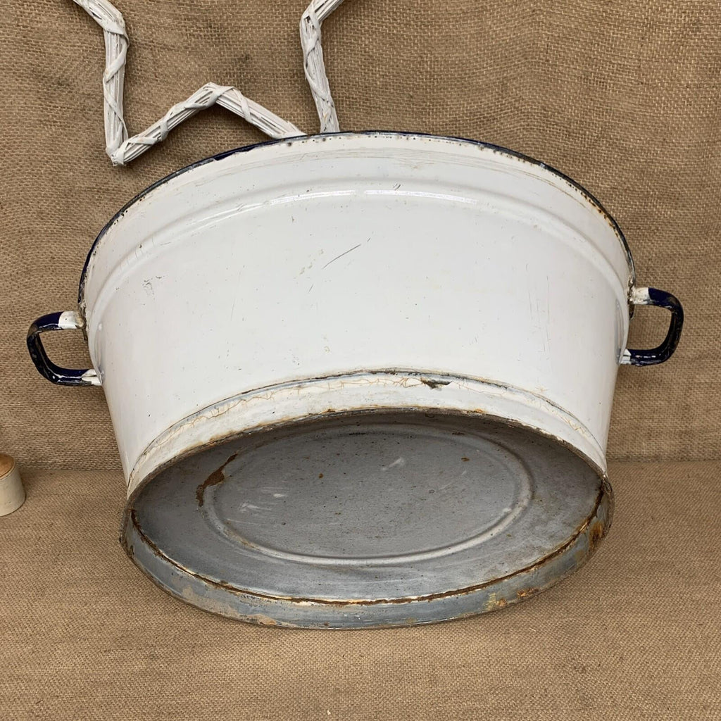 Vintage White Enamel Large Bath Planter With Handles - Farmhouse Cottage