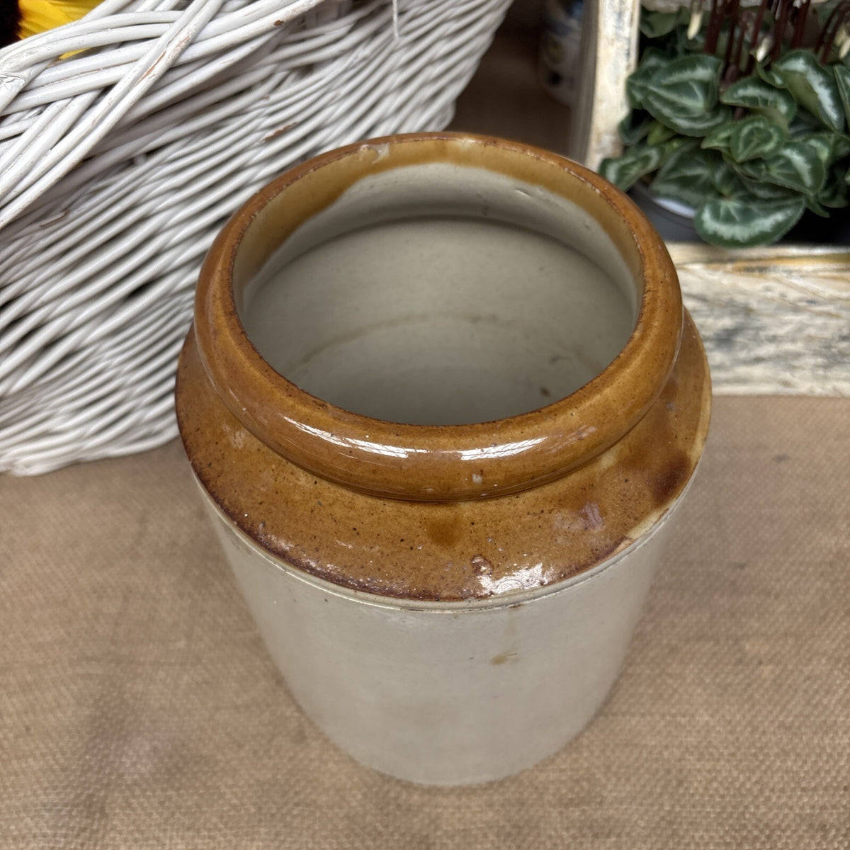 Vintage Stoneware Jar / Utensil Holder /  Two Tone Farmhouse Kitchen