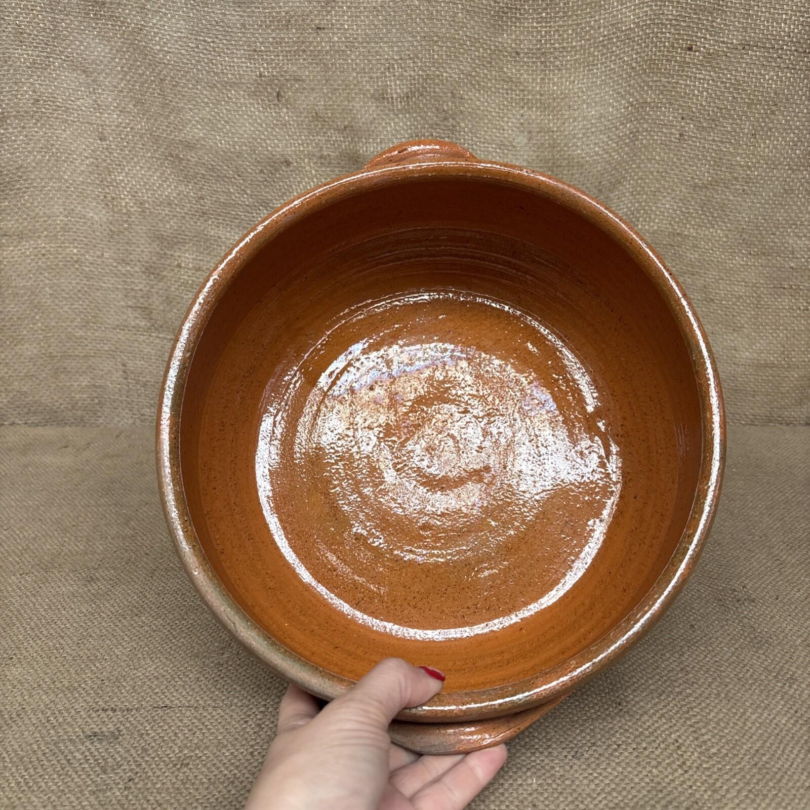 Large Terracotta Serving Bowl With Handles - Half Glazed - Vintage