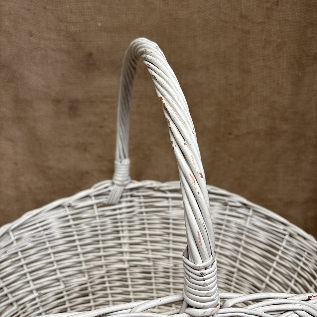 Vintage Wicker Flower Basket - Farmhouse - Cottage - Chippy White - Large