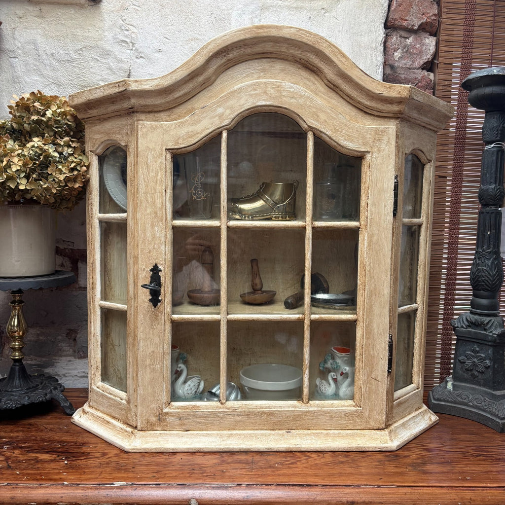 Painted Wooden Wall Display Cabinet Glazed Curio Cupboard Vintage