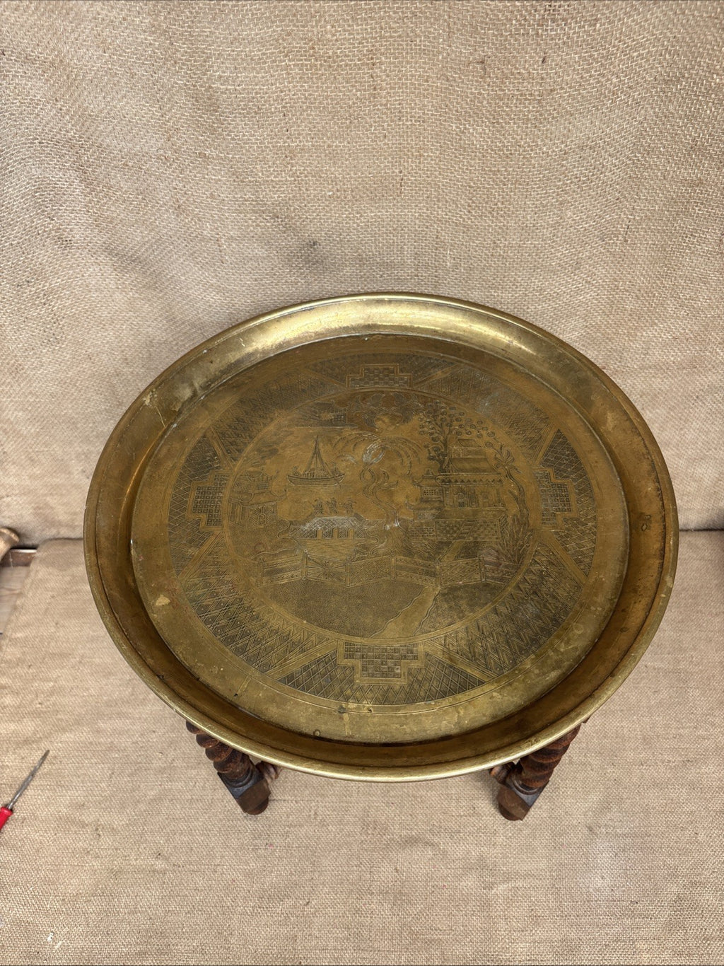 Vintage Barley Twist Folding Table With Brass Tray Top