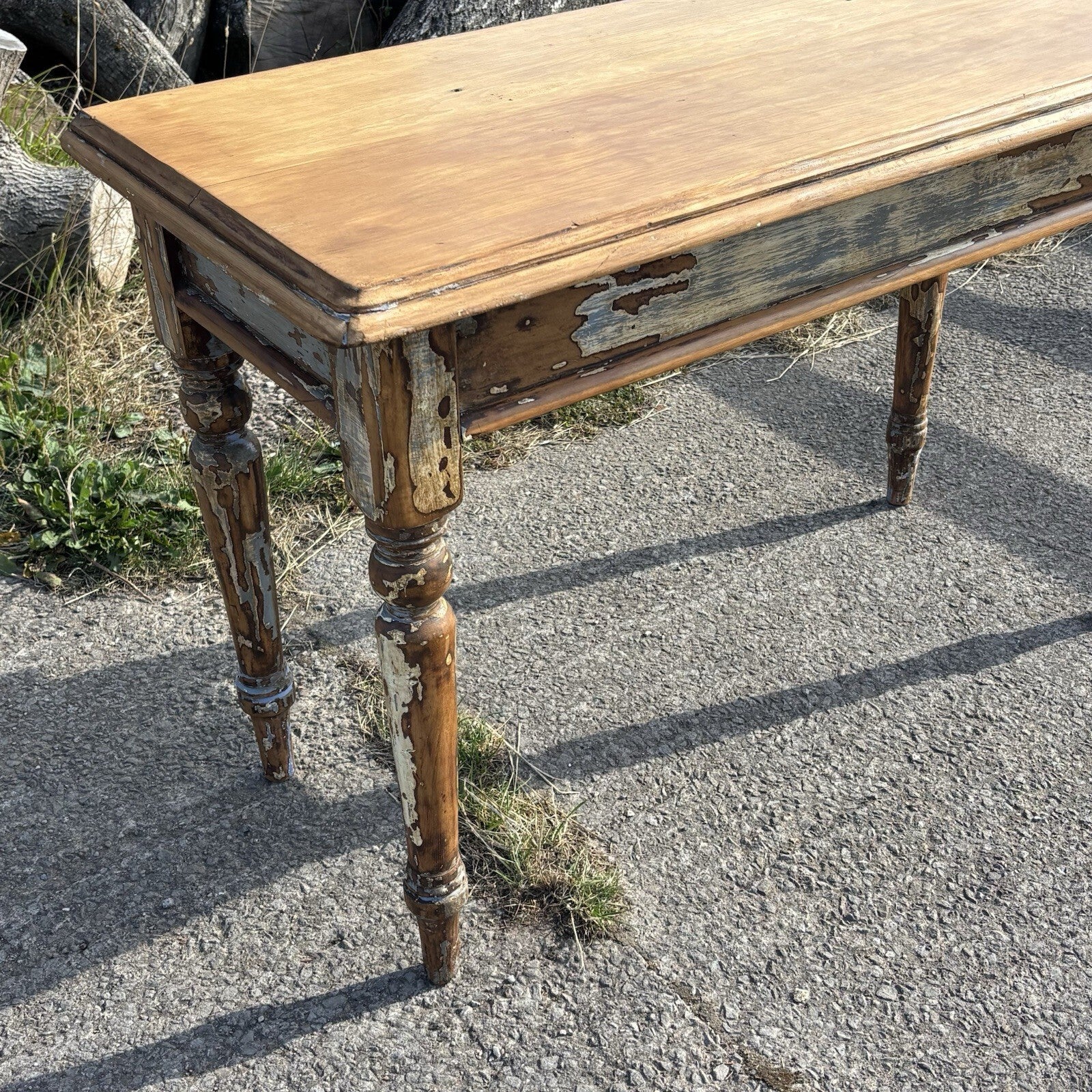 Antique Hallway Table With Worn Paint And Waxed Finish