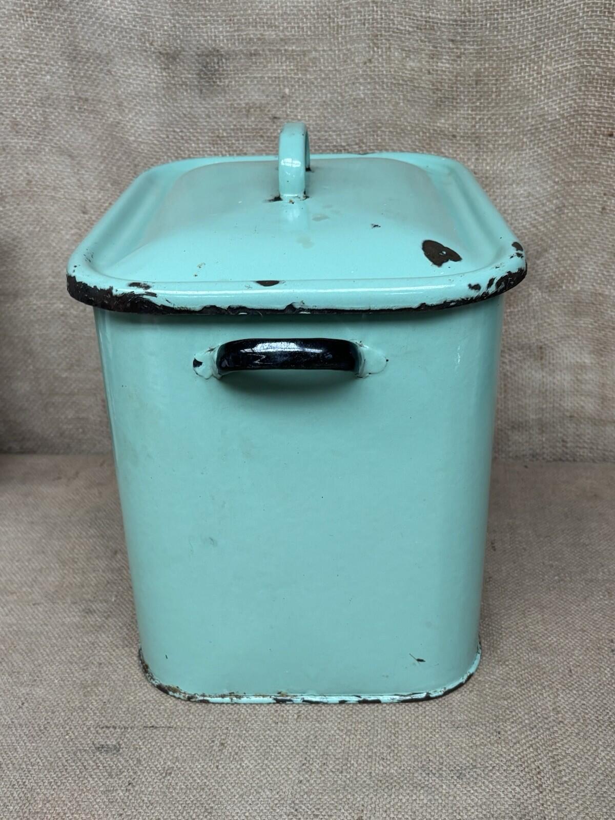 Vintage Enamel Sage Green Bread Bin - Farmhouse - Cottage - Rustic - Embossed