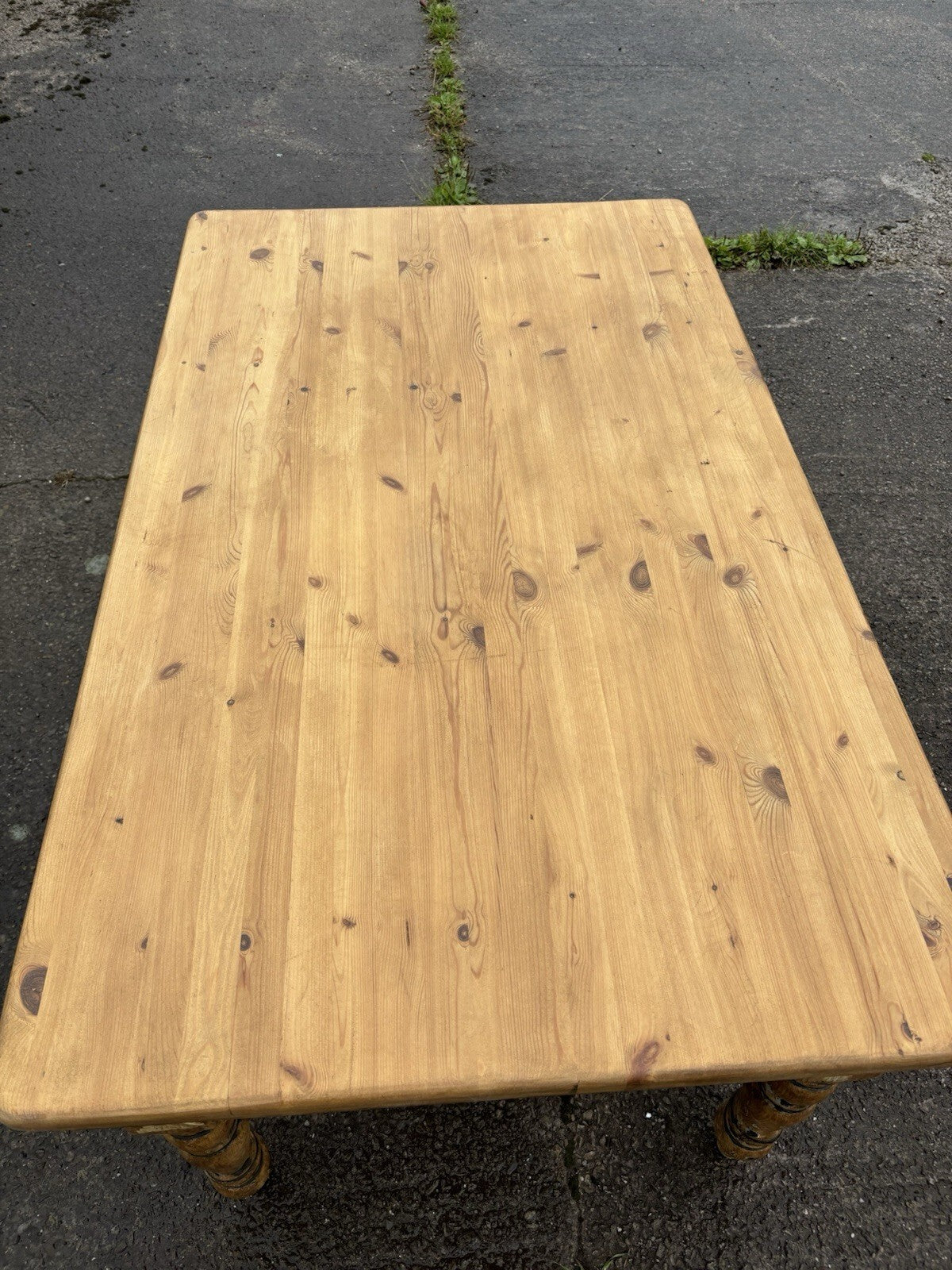 Pine Kitchen Table With Worn Painted Base - Farmhouse- Cottage 5ft