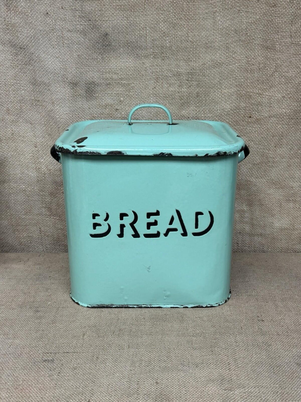 Vintage Enamel Sage Green Bread Bin - Farmhouse - Cottage - Rustic - Embossed