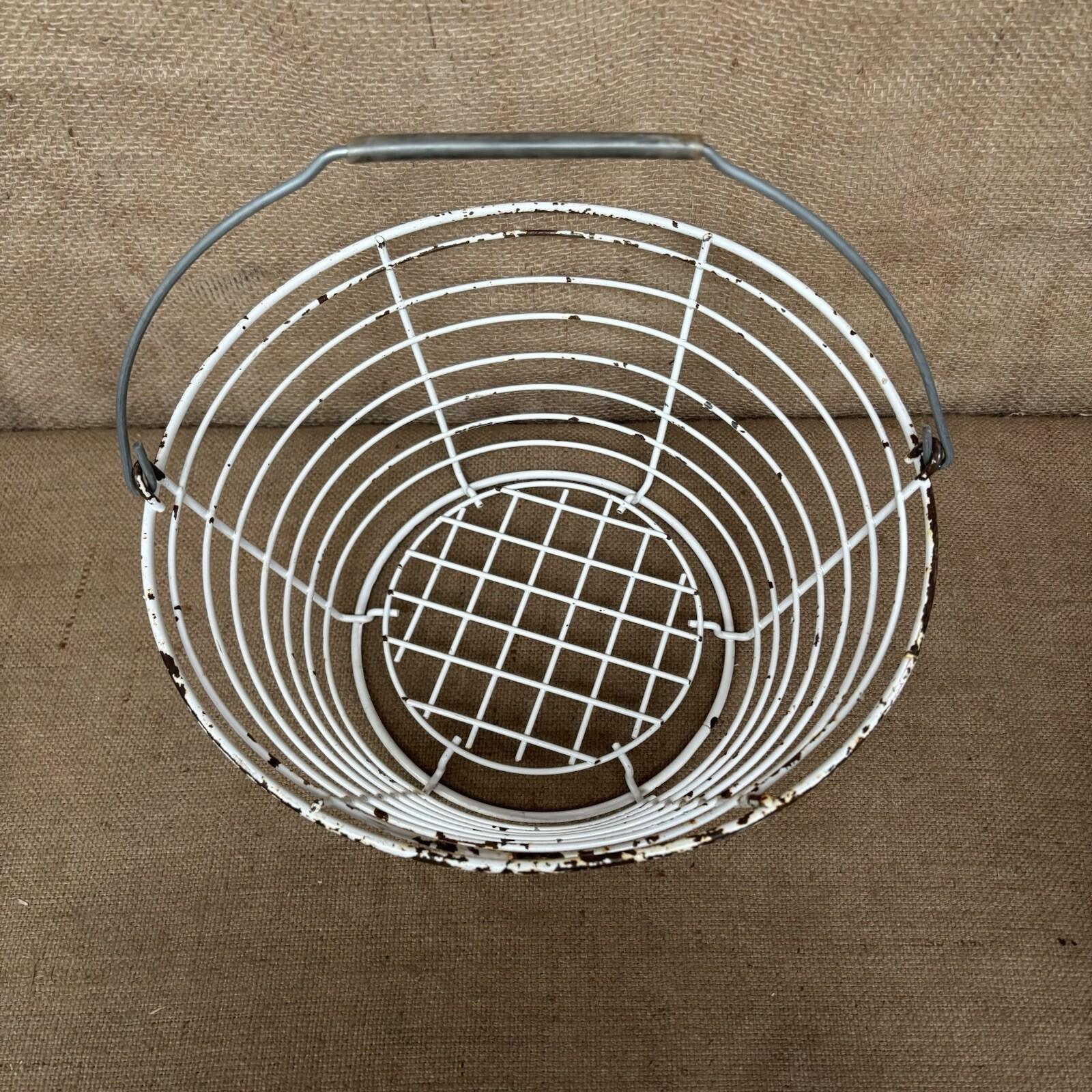 Wire Basket - White Worn Paint - Farmhouse Egg Basket - Cottage Garden - Vintage