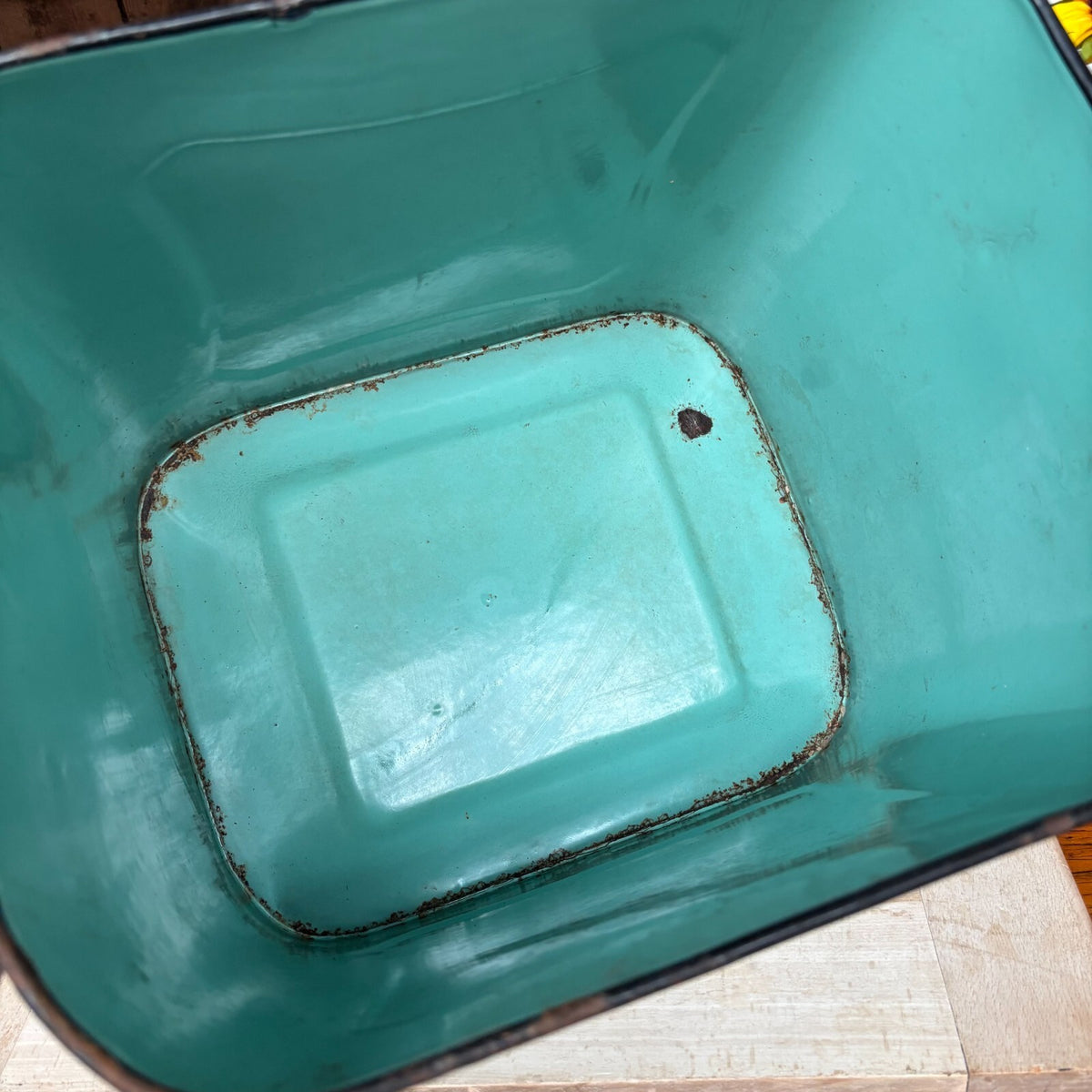 Vintage Enamel Sage Green Bread Bin - Farmhouse - Cottage - Rustic - Embossed
