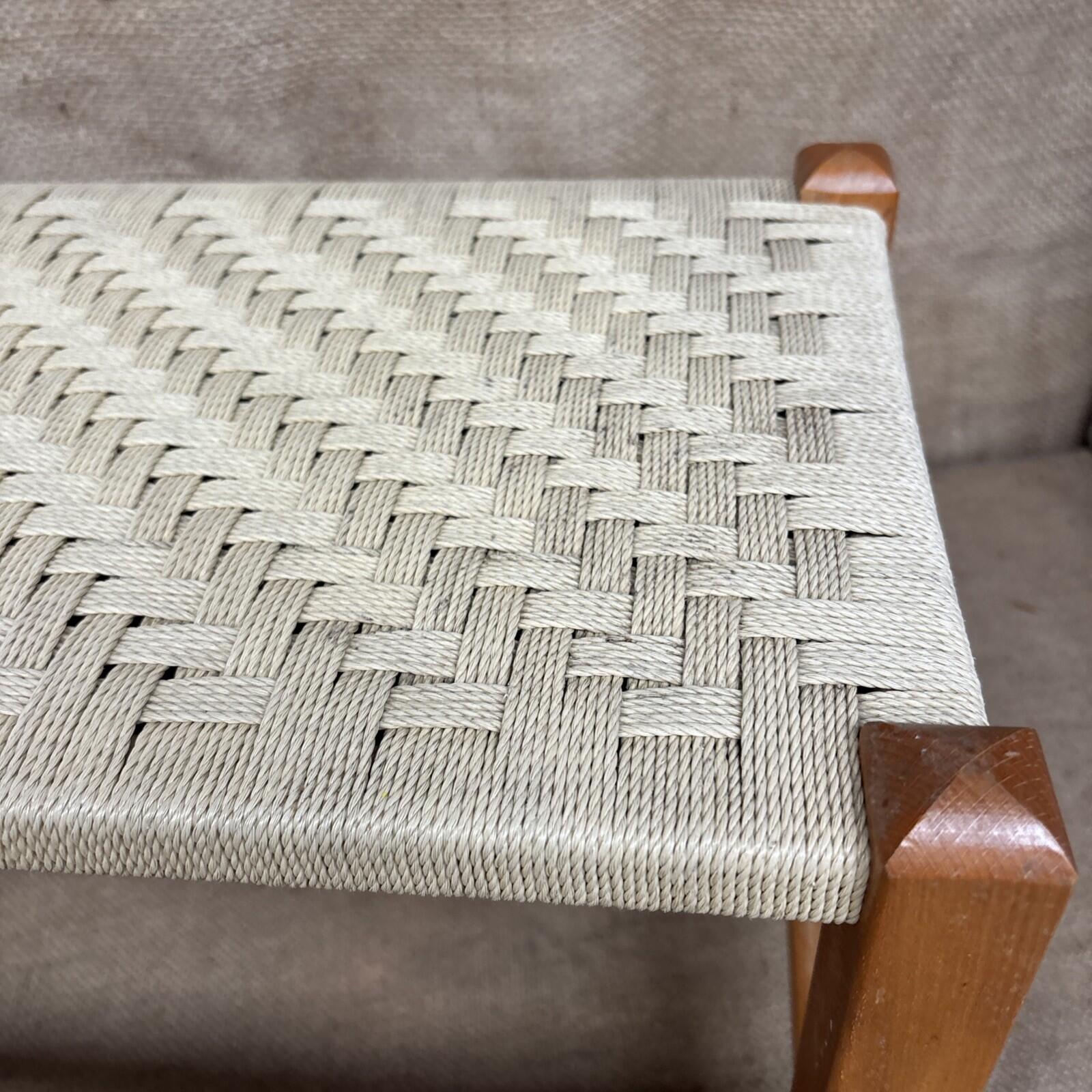 Vintage Wooden Long Stool - Woven Wicker Rope Seat Footstool FootRest 58x28x30cm