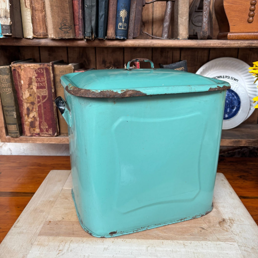 Vintage Enamel Sage Green Bread Bin - Farmhouse - Cottage - Rustic - Embossed