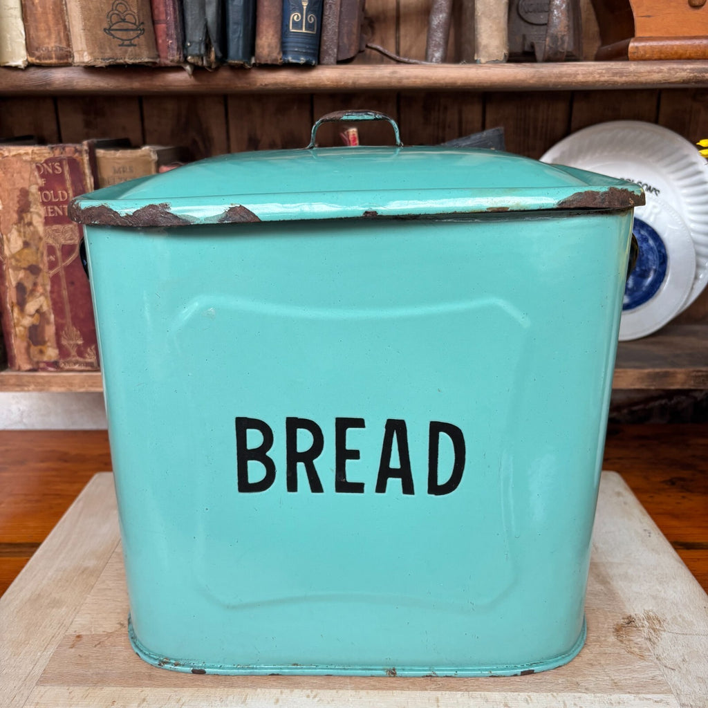 Vintage Enamel Sage Green Bread Bin - Farmhouse - Cottage - Rustic - Embossed