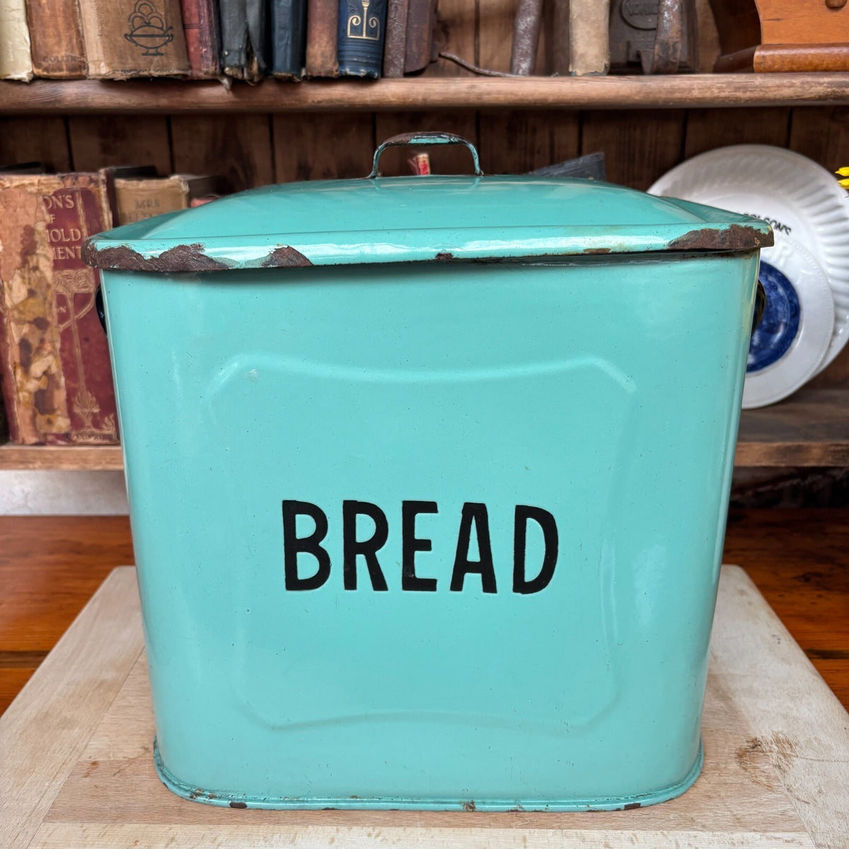 Vintage Enamel Sage Green Bread Bin - Farmhouse - Cottage - Rustic - Embossed