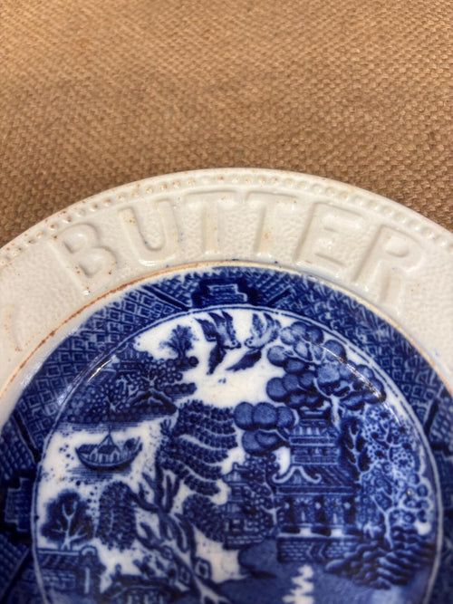 Antique Butter Plate - Ceramic - Willow Pattern - Blue and White - Kitchenalia