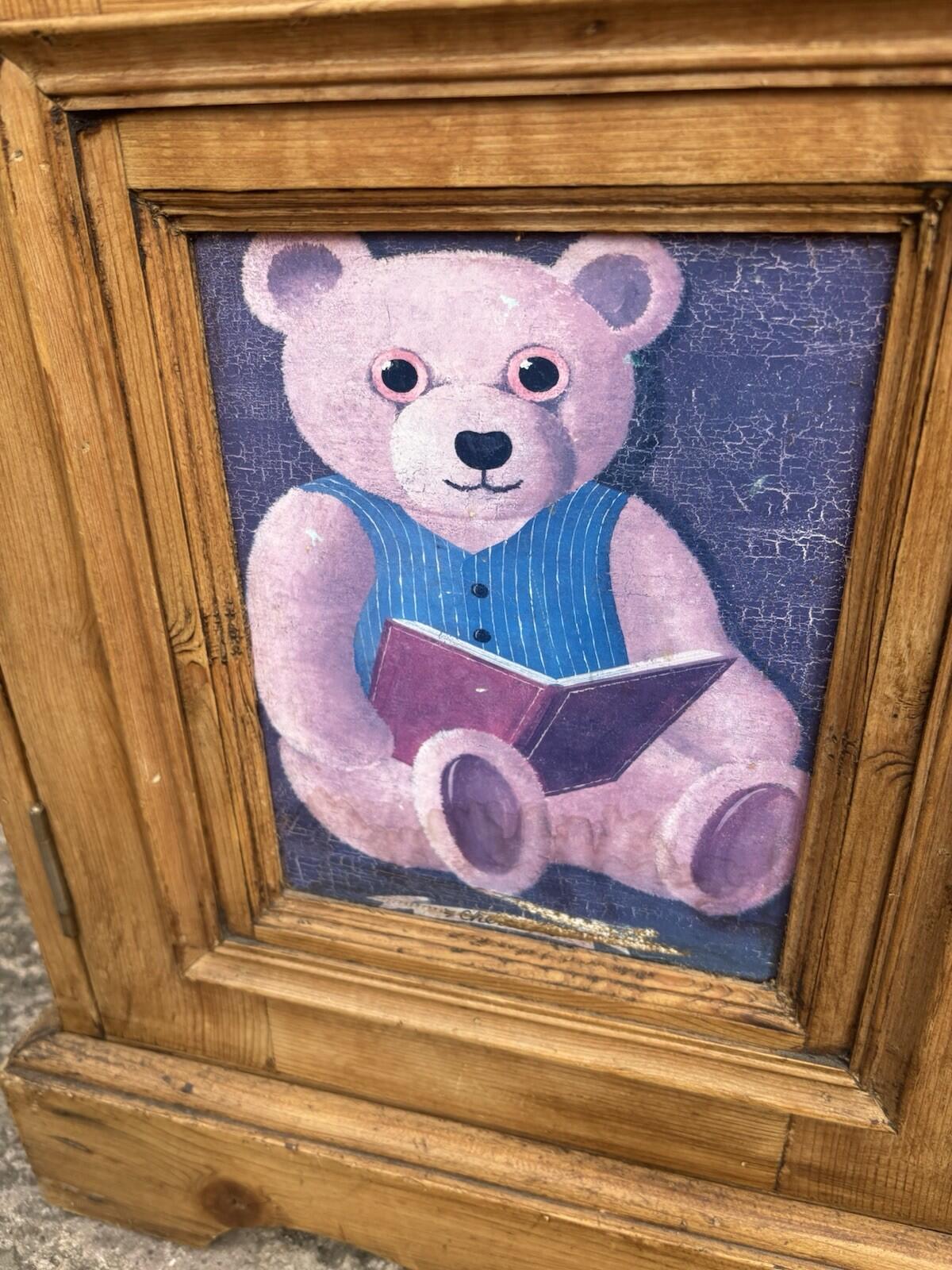 Vintage Pine Bedside Table - Kids - With Teddy Picture - Rustic - Farmhouse