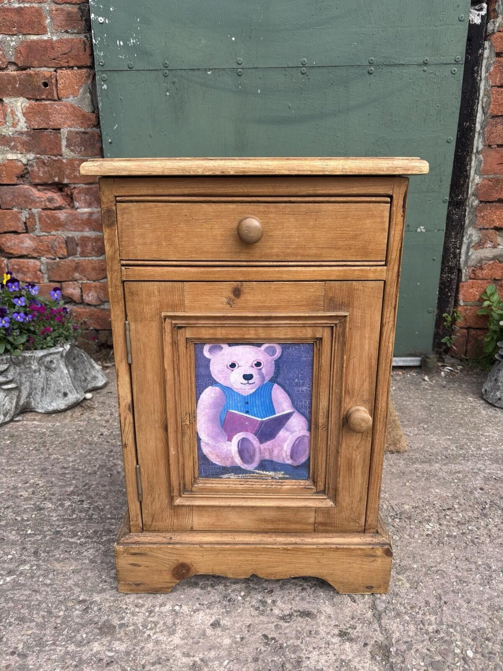 Vintage Pine Bedside Table - Kids - With Teddy Picture - Rustic - Farmhouse