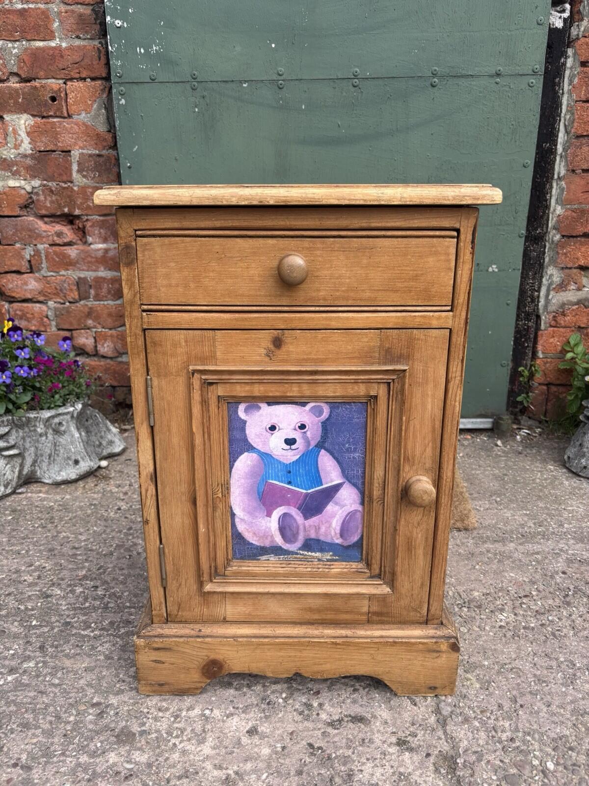 Vintage Pine Bedside Table - Kids - With Teddy Picture - Rustic - Farmhouse